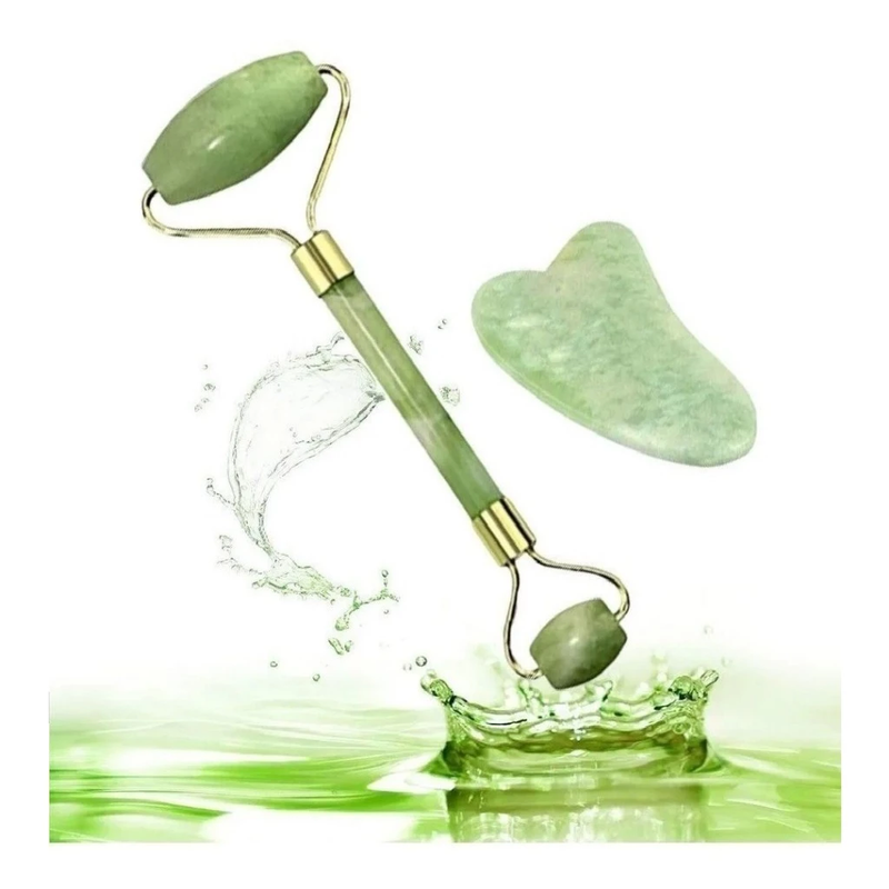 Rolo Pedra de Jade Massageador + Placa Gua Sha Anti Estresse™